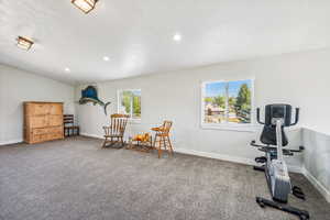 Workout area with lofted ceiling, a wealth of natural light, and carpet