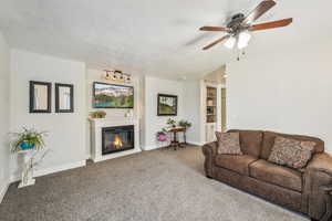 Living room featuring a textured ceiling, carpet flooring, and ceiling fan