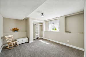 Living area with a textured ceiling and carpet