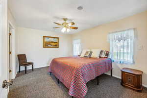 Bedroom with dark carpet and ceiling fan