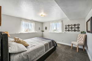 Bedroom with a textured ceiling, dark colored carpet, and multiple windows