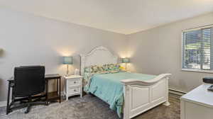 Bedroom with dark carpet and a baseboard radiator