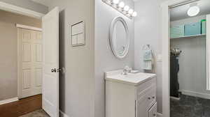 Bathroom featuring wood-type flooring and vanity