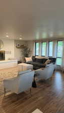 Living room featuring dark wood-type flooring