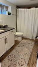 Bathroom with hardwood / wood-style floors, vanity, toilet, and a shower with shower curtain