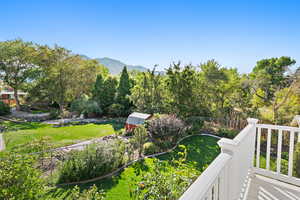 View of yard featuring a mountain view and a storage shed