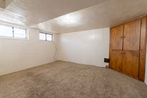 Basement with carpet and a textured ceiling