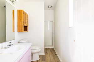 Bathroom with vanity, toilet, an enclosed shower, and hardwood / wood-style flooring