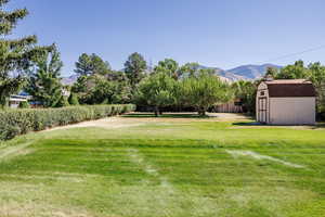 View of yard featuring a mountain view and a storage shed