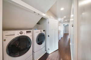 ADU - Laundry area featuring washer and clothes dryer and dark wood-type flooring