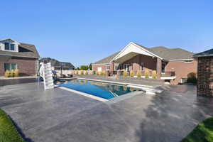 View of pool featuring a patio area and a diving board