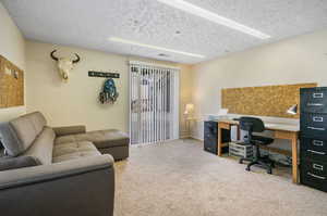 Carpeted home office featuring a textured ceiling