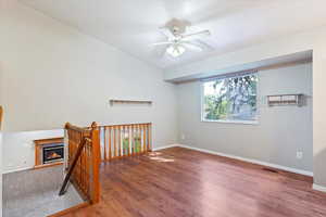 Dining room featuring hardwood / wood-style flooring and ceiling fan