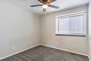 Unfurnished room featuring ceiling fan, a textured ceiling, and carpet floors