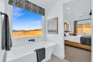 Interior space with ceiling fan and a bathing tub