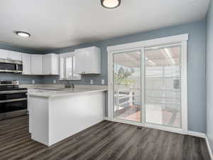 Kitchen with white cabinets, sink, kitchen peninsula, appliances with stainless steel finishes, and dark hardwood / wood-style floors