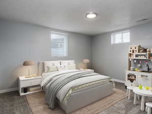 Carpeted bedroom with a textured ceiling and sink