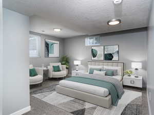 Carpeted bedroom with a textured ceiling