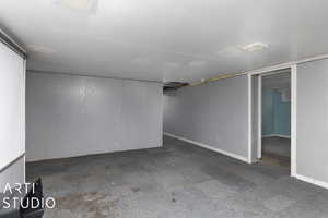 Basement with dark carpet