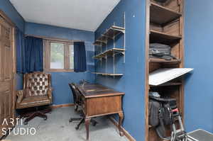 Carpeted office space with a textured ceiling