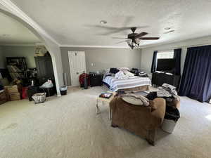 Bedroom featuring a textured ceiling, carpet, ornamental molding, and ceiling fan