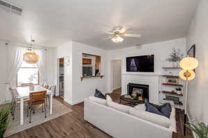 Living room featuring dark hardwood / wood-style floors and ceiling fan