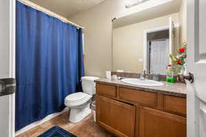 Bathroom featuring vanity, toilet, and a shower with shower curtain