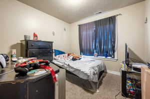 Bedroom with carpet and a textured ceiling