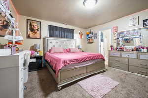 Master bedroom with dark carpet and a textured ceiling