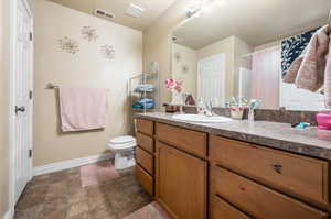 Master bathroom with toilet, vanity, and a shower with curtain