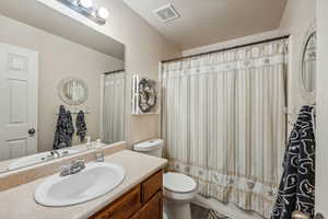 main Bathroom featuring vanity, toilet, and hardwood / wood-style flooring