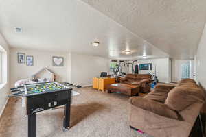 basement family room featuring carpet, a textured ceiling, and a healthy amount of sunlight