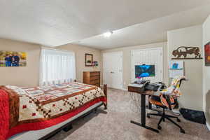 Carpeted bedroom with a textured ceiling and two closets