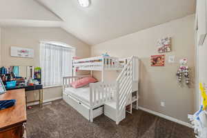 Carpeted bedroom with vaulted ceiling