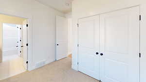 Carpeted bedroom with a closet