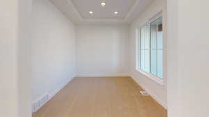 Carpeted spare room featuring a tray ceiling