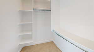 Spacious closet featuring light colored carpet