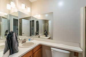 Bathroom with vanity, a shower with shower door, and toilet