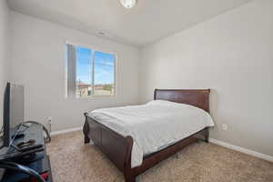 Bedroom with light carpet