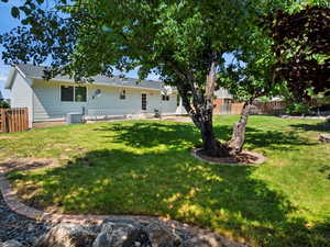 Fully fenced back yard with mature trees and full sprinklers