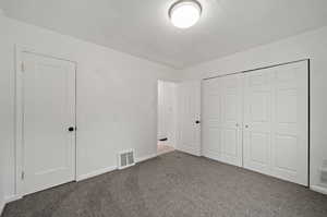 Unfurnished bedroom featuring carpet floors, a textured ceiling, and a closet