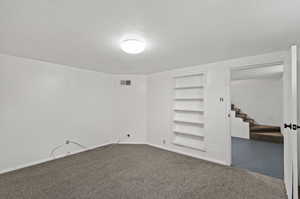 Basement featuring built in features and carpet