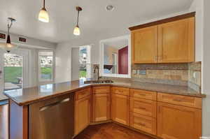 Kitchen featuring decorative light fixtures, dishwasher, dark wood-type flooring, sink, and light stone counters