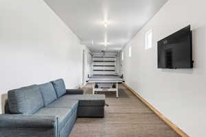 Playroom in garage with light colored carpet