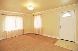 Carpeted entryway with crown molding