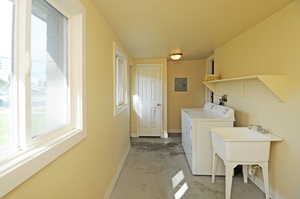 Laundry area with electric panel and washer and dryer