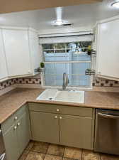 Kitchen featuring white cabinets, dishwasher, backsplash, and sink