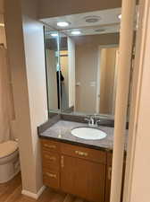 Bathroom with wood-type flooring, vanity, and toilet