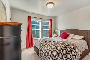 Carpeted bedroom featuring a textured ceiling