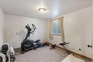 Workout area featuring carpet and a textured ceiling